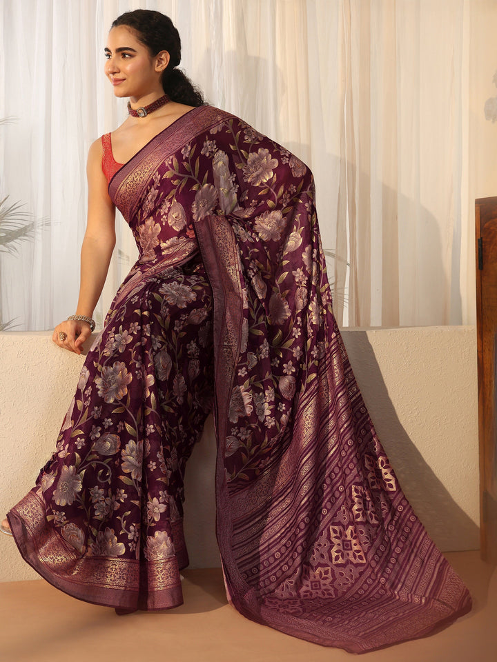 Libas Burgundy Floral Printed Silk Blend Saree with Woven Border