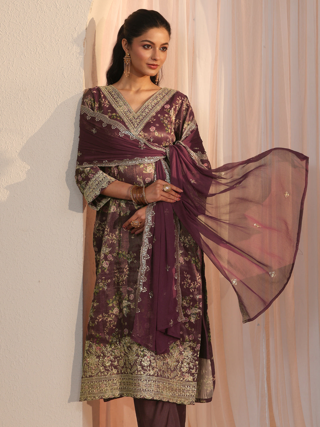 Libas Burgundy Floral Printed Silk Blend Straight Suit Set