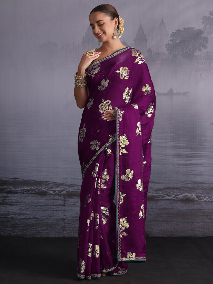 Libas Burgundy Floral Printed Tissue Saree with Embellished Border