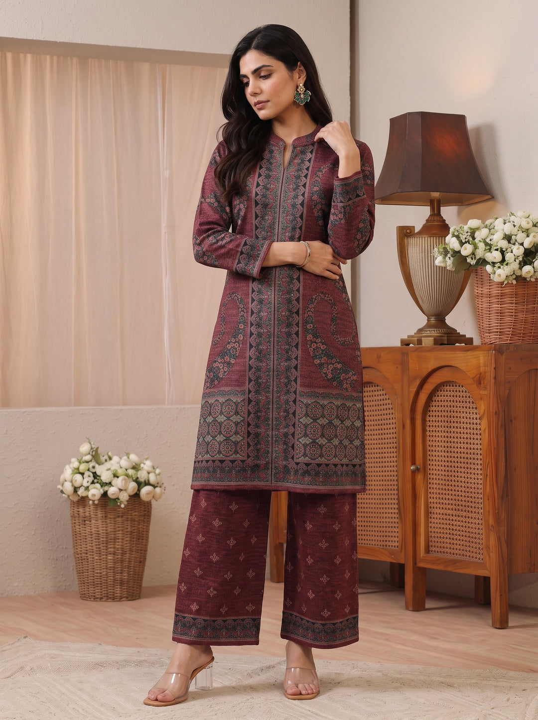 Libas Burgundy Floral Printed Woolen Co-Ord Set