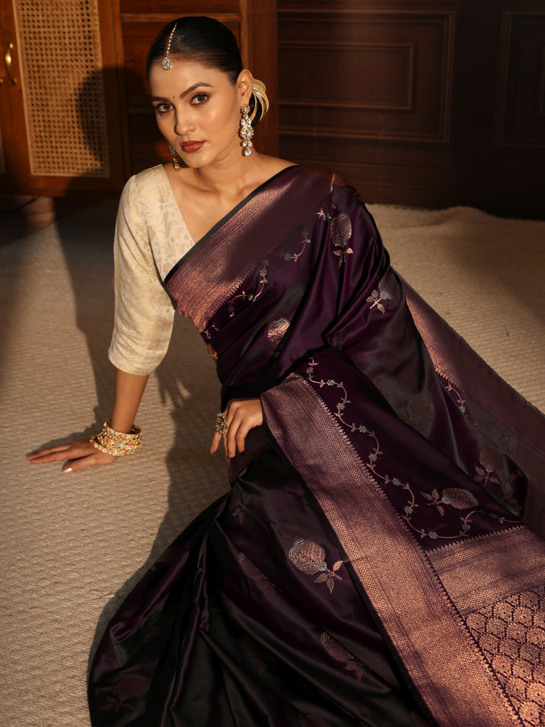 Libas Burgundy Floral Woven Design Satin Saree