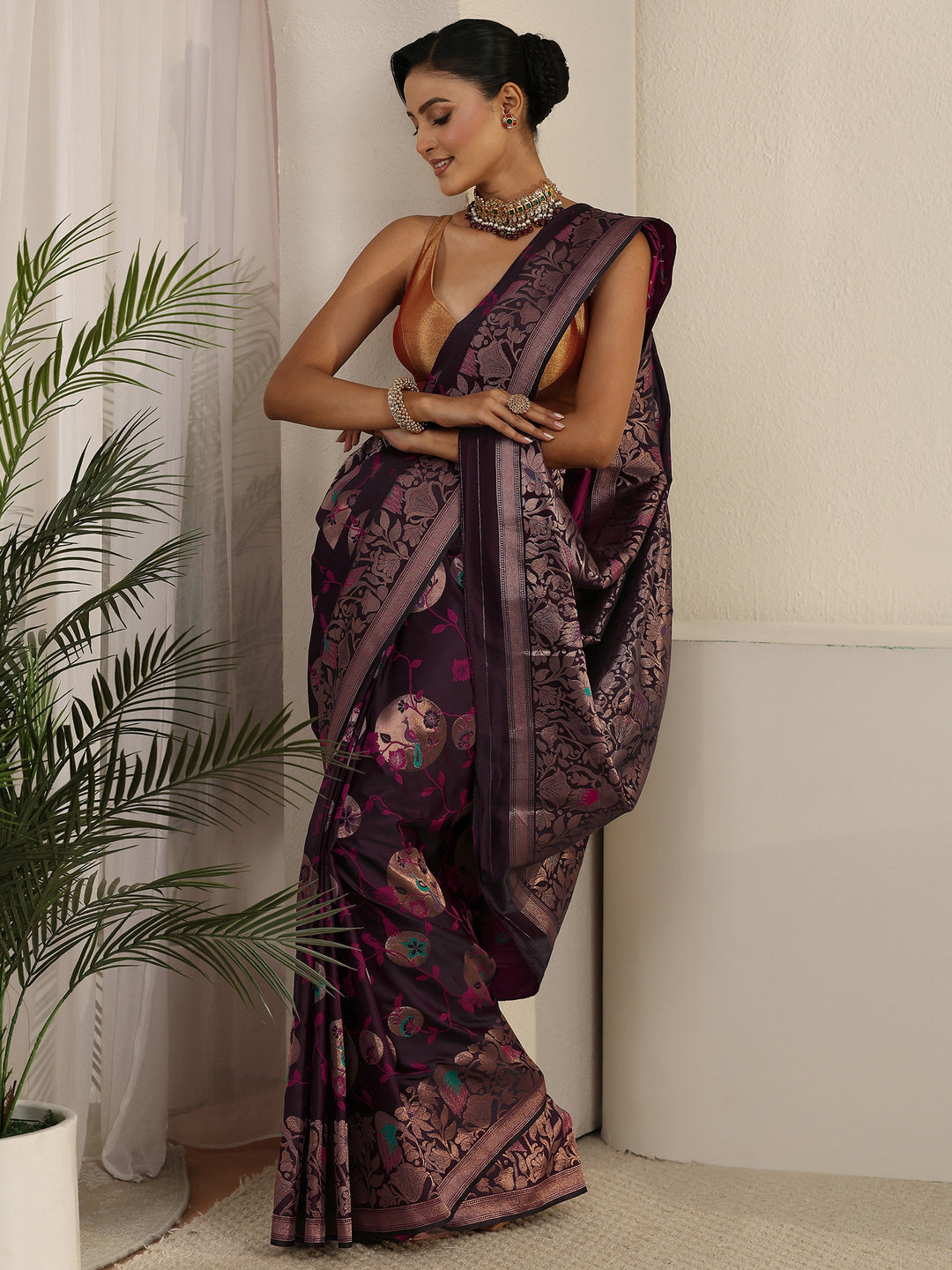 Libas Burgundy Floral Woven Design Satin Saree