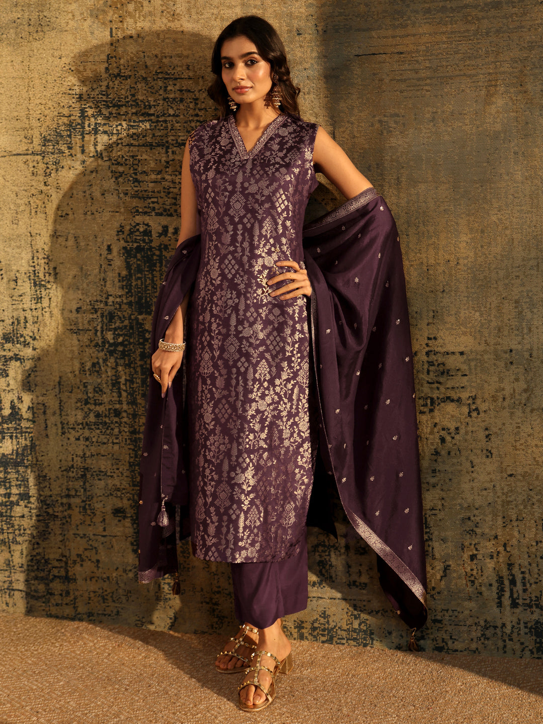 Libas Burgundy Floral Woven Design Silk Blend Straight Suit Set