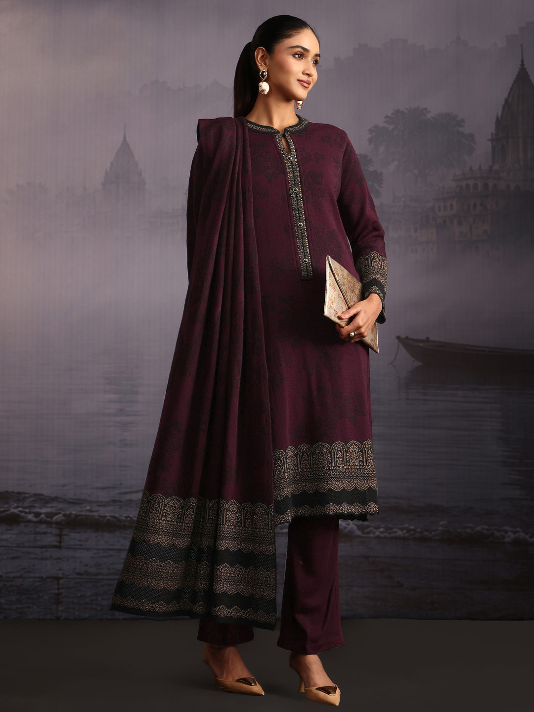 Libas Burgundy Floral Woven Design Woolen Straight Suit Set
