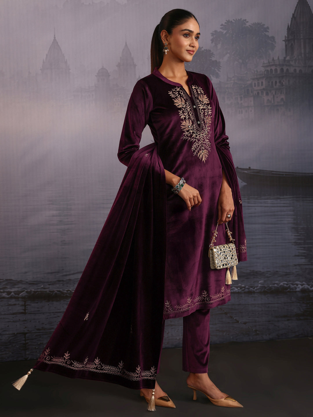Libas Burgundy Kashmiri Style Embroidered Velvet Straight Suit Set