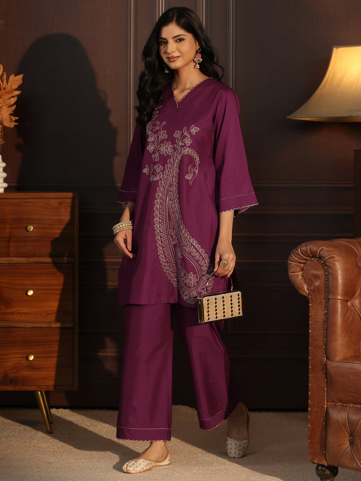 Libas Burgundy Paisley Embroidered Silk Blend Co-Ord Set