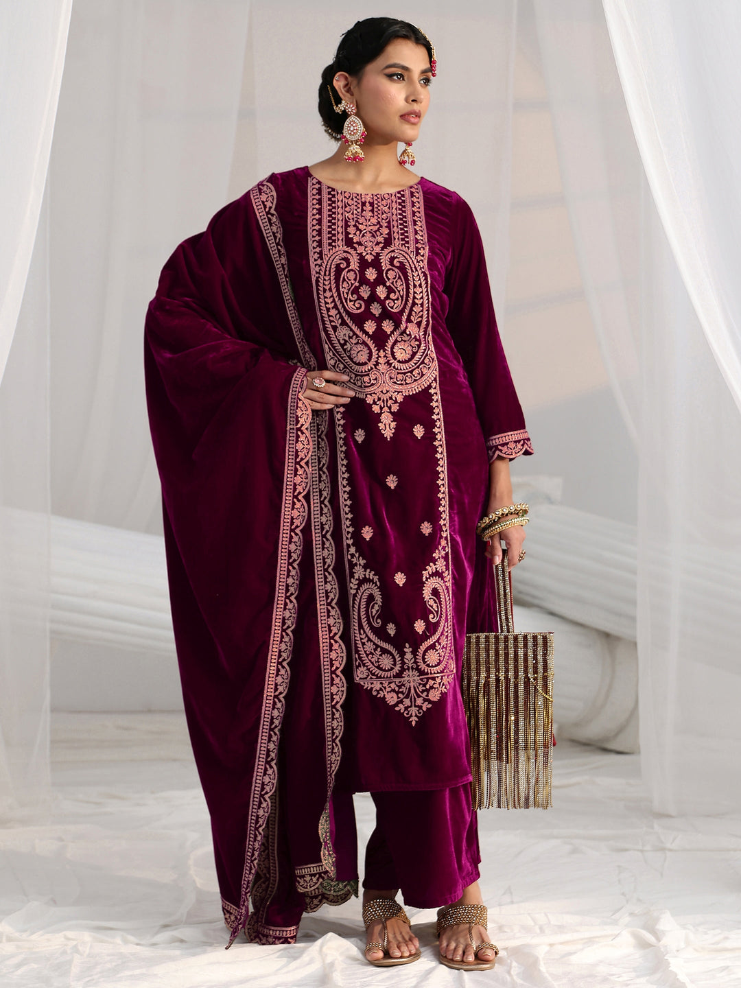 Libas Burgundy Paisley Embroidered Velvet Straight Suit Set