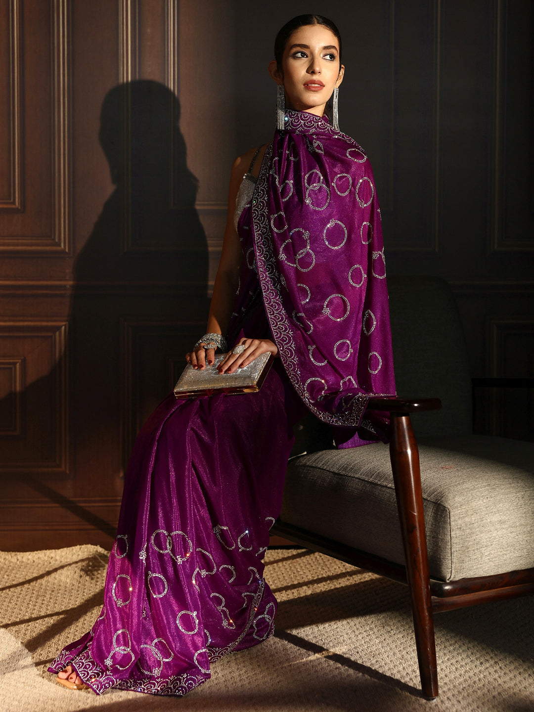 Libas Burgundy Stone Work Embellished Satin Saree