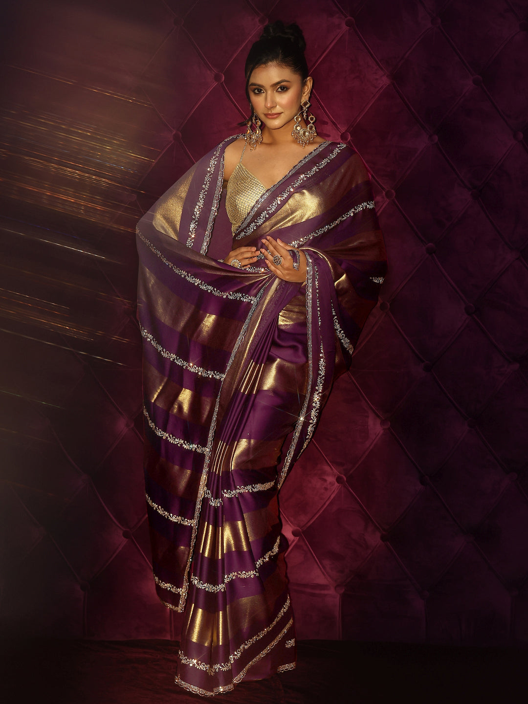 Libas Burgundy Striped Embellished Silk Saree