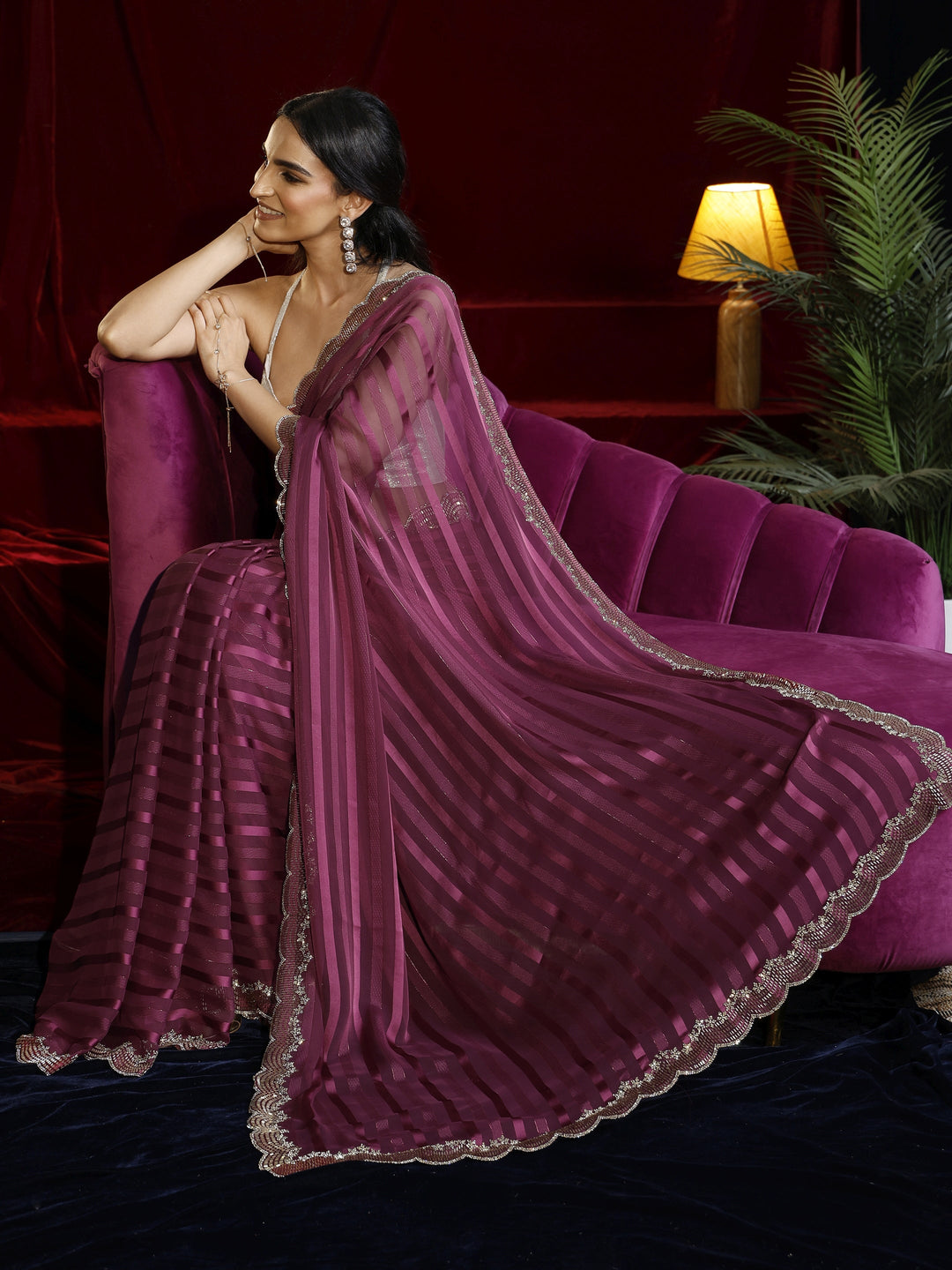 Libas Burgundy Striped Net Saree