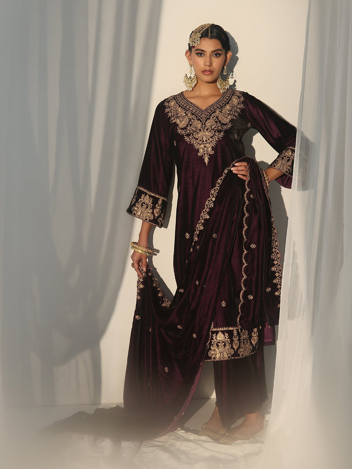 Libas Burgundy Yoke Design Velvet Straight Suit Set