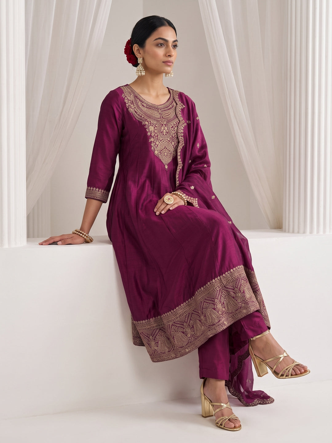 Libas Burgundy Yoke Embroidered Silk Blend A-Line Suit Set