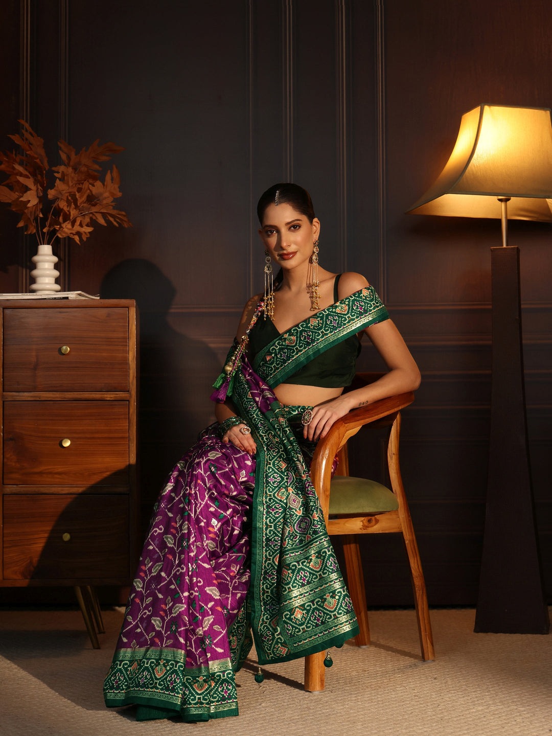 Libas Burgundy and Green Floral Printed Silk Blend Saree