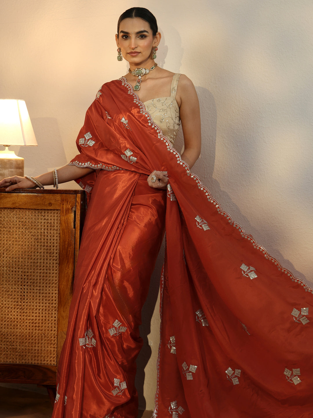 Libas Burnt Orange Floral Embellished Satin Saree