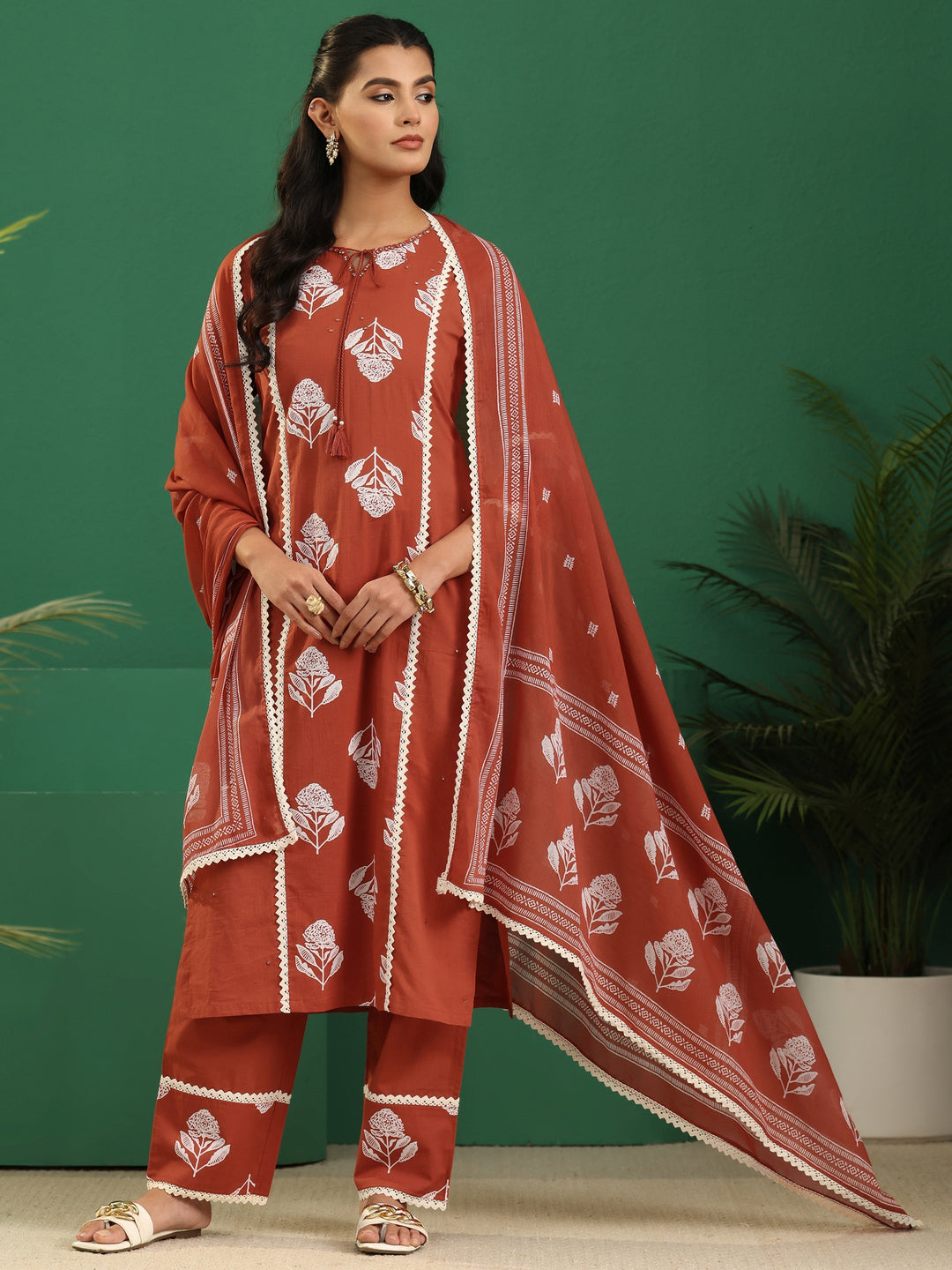 Libas Burnt Orange Floral Printed Cotton Straight Suit Set