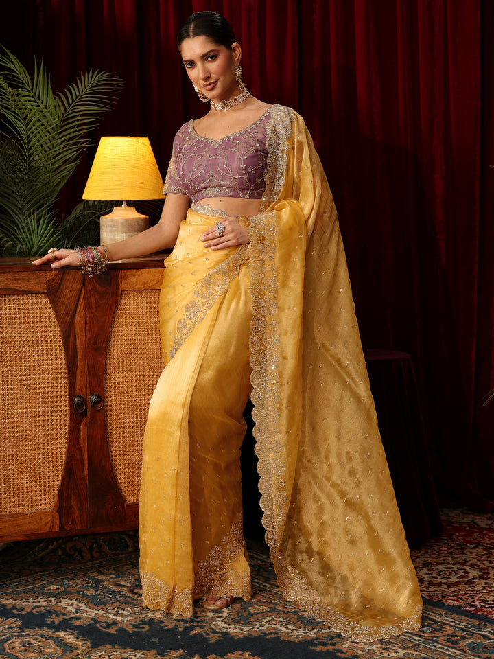 Libas Butter Yellow Embellished Tissue Saree with Scalloped Border