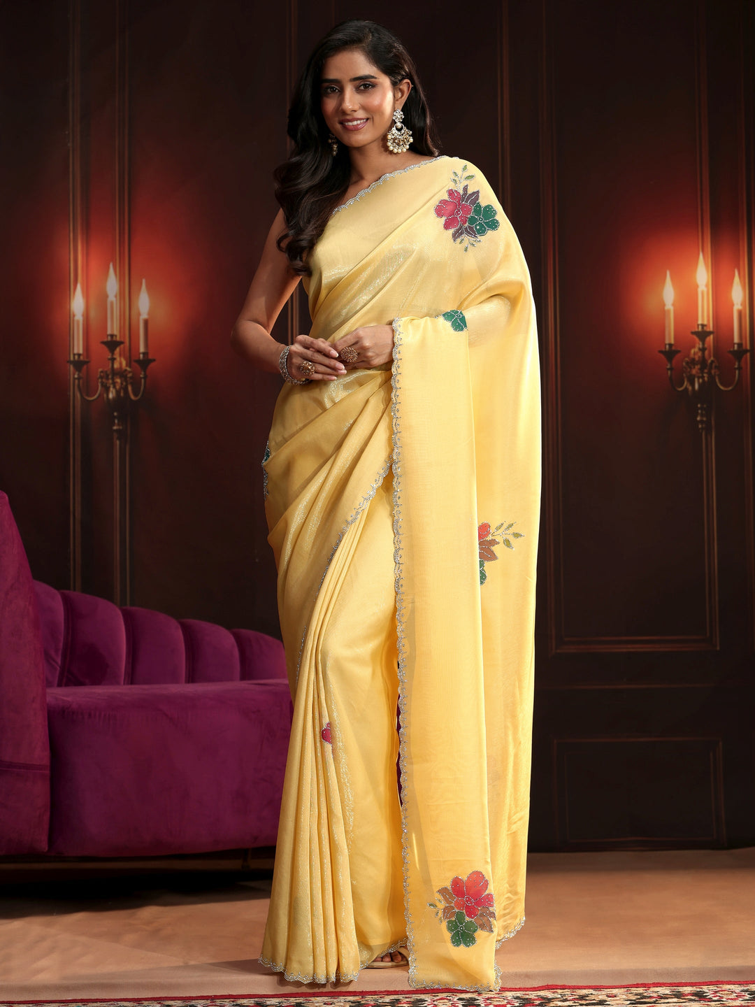 Libas Butter Yellow Floral Embellished Tissue Saree