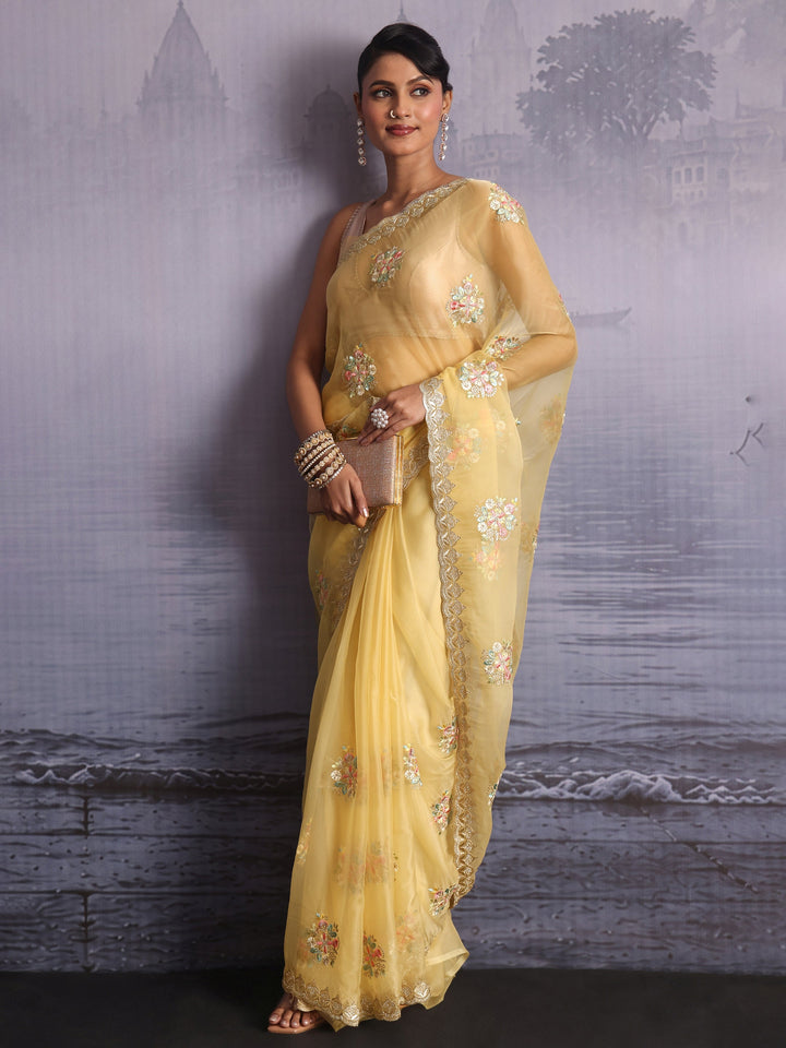 Libas Butter Yellow Floral Embroidered Organza Saree with Stone Work