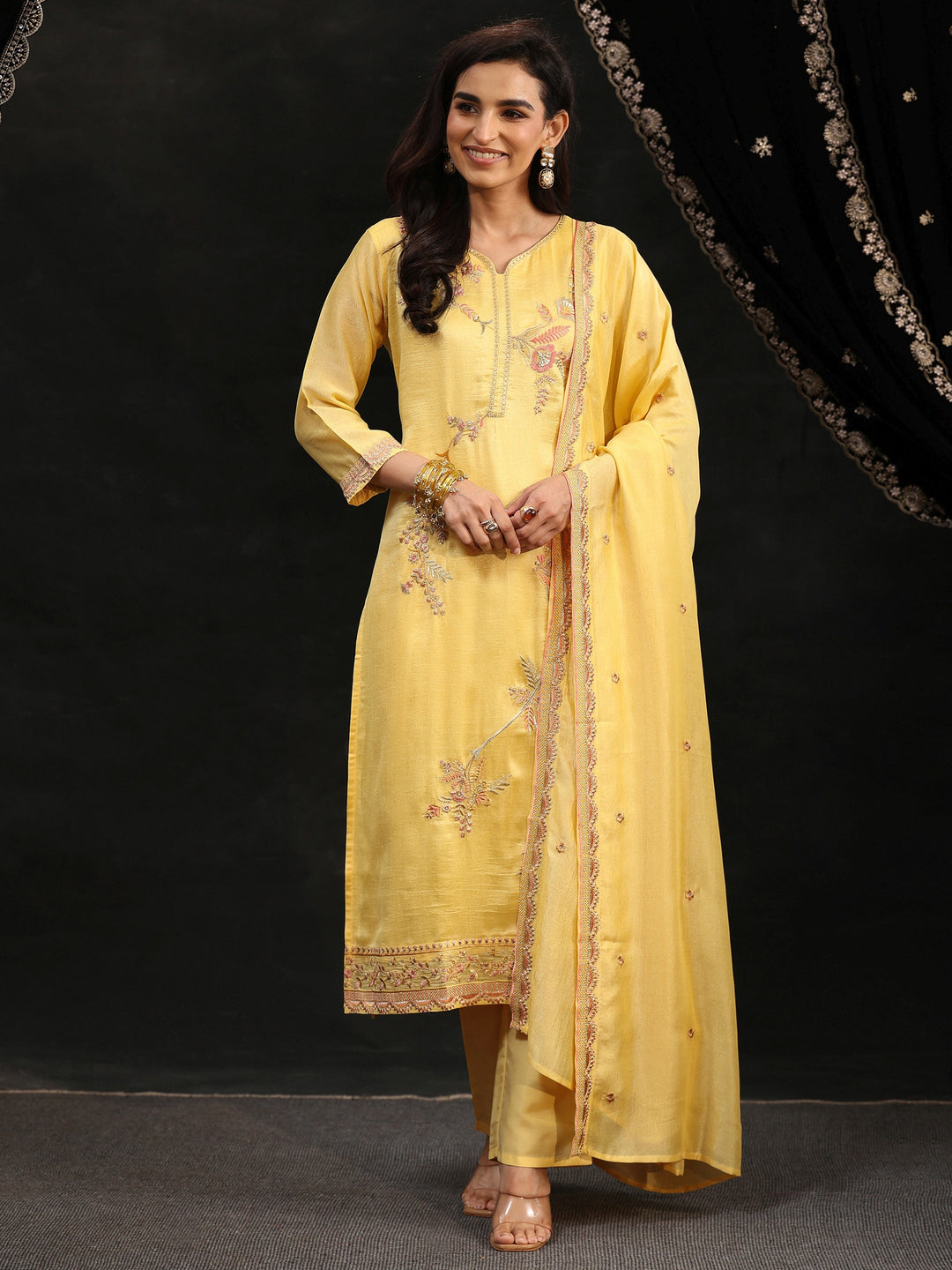 Libas Butter Yellow Floral Embroidered Silk Blend Straight Suit Set