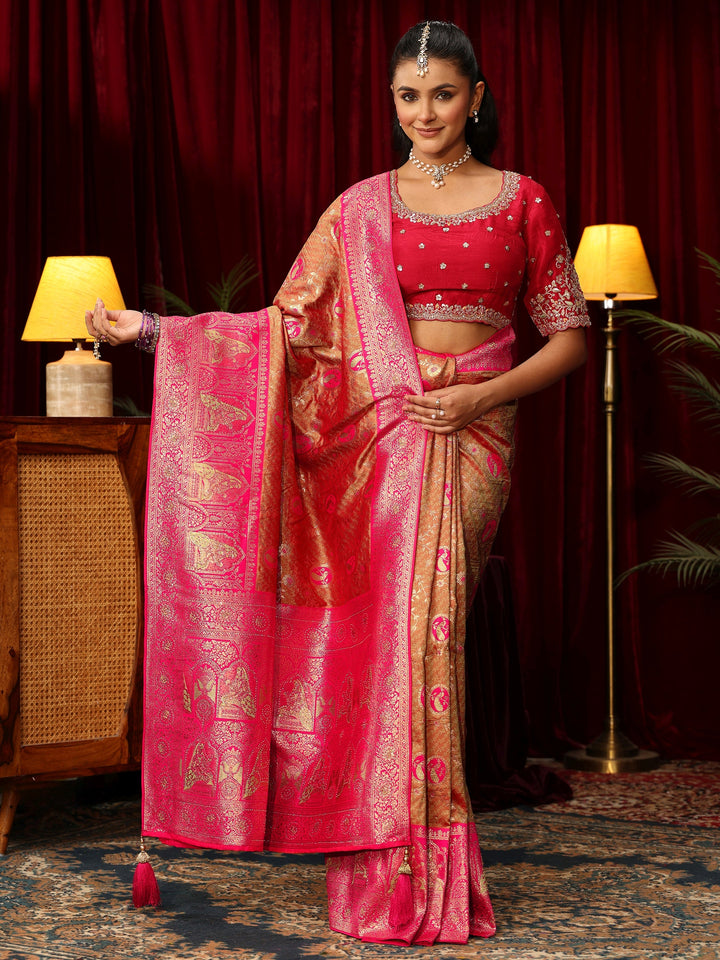 Libas Caramel Orange and Pink Woven Design Silk Blend Saree