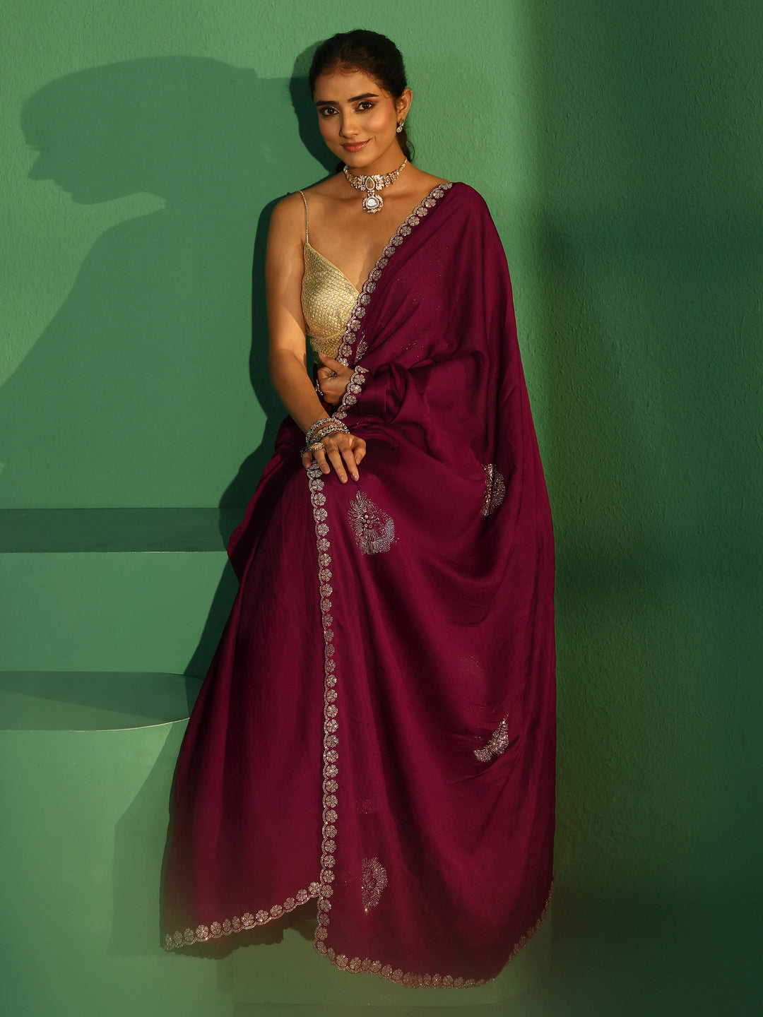 Libas Cardinal Red Embellished Silk Blend Saree