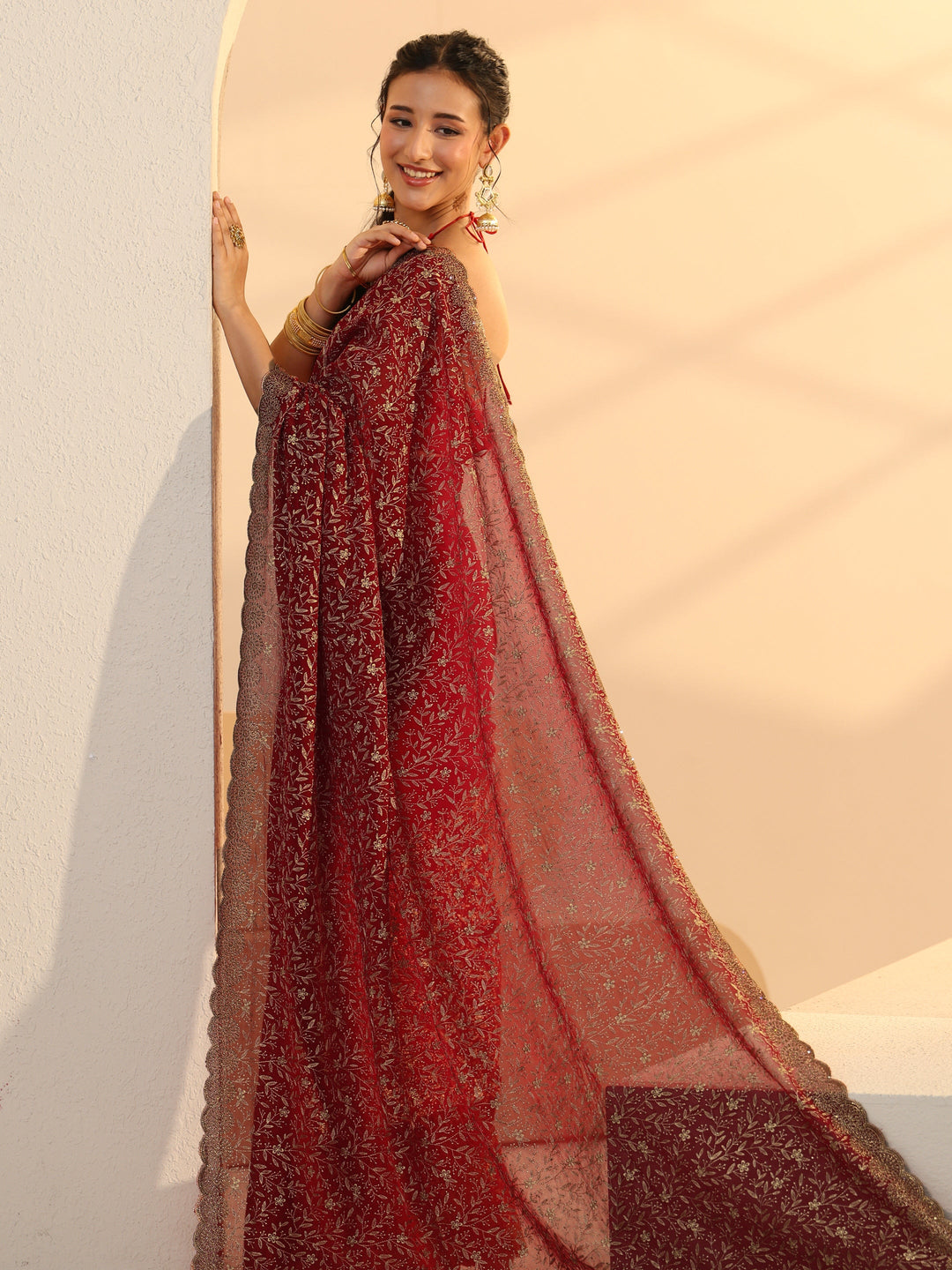 Libas Carmine Red Floral Embroidered Georgette Saree