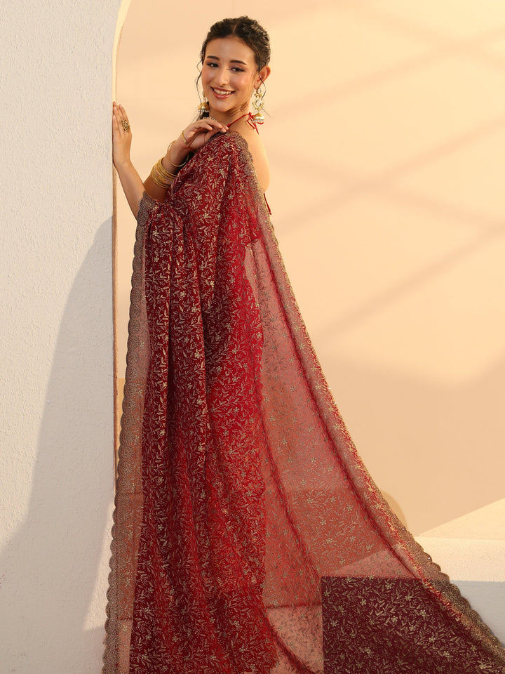 Libas Carmine Red Floral Embroidered Georgette Saree