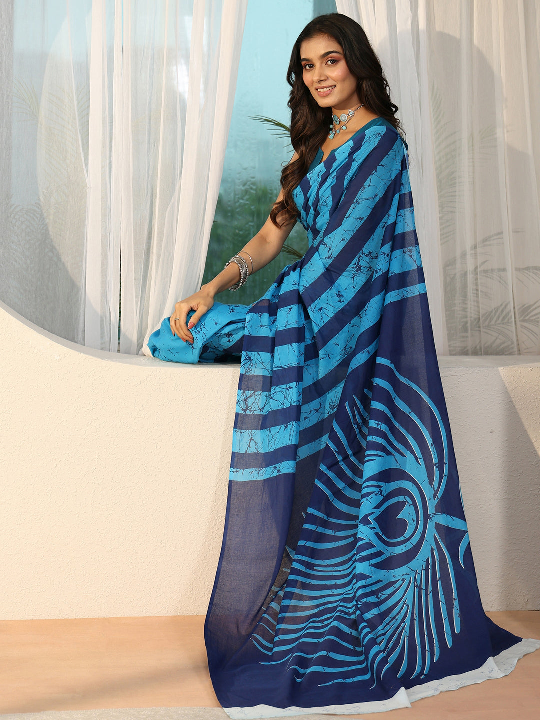Libas Cerulean Blue Batik Print Cotton Saree