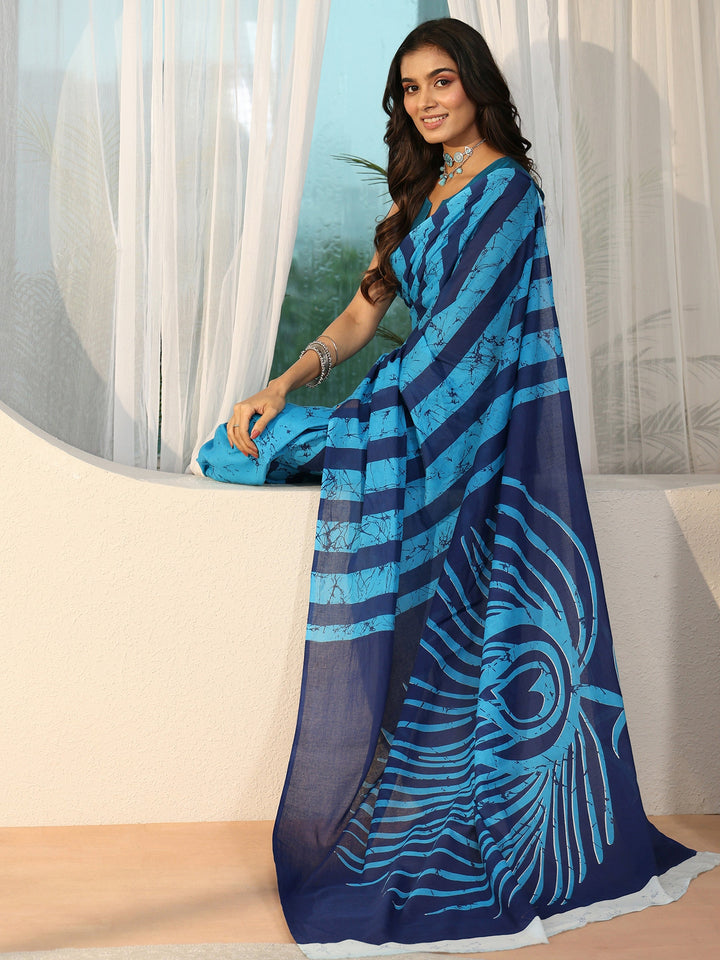 Libas Cerulean Blue Batik Print Cotton Saree