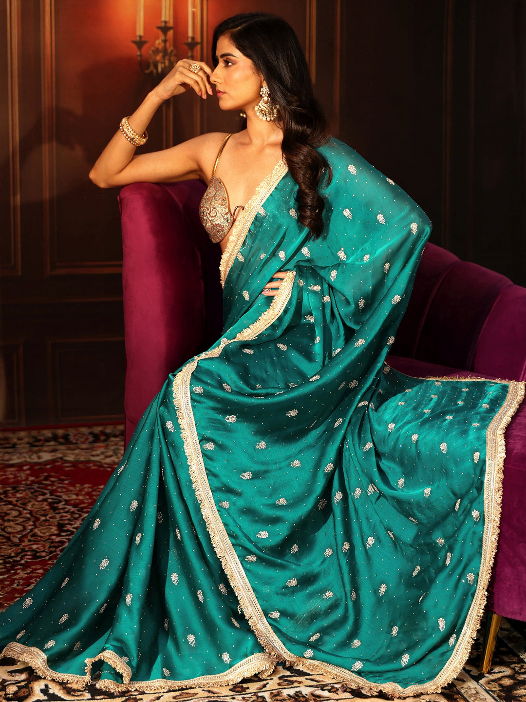 Libas Cerulean Blue Embellished Chinon Saree with Gota Border