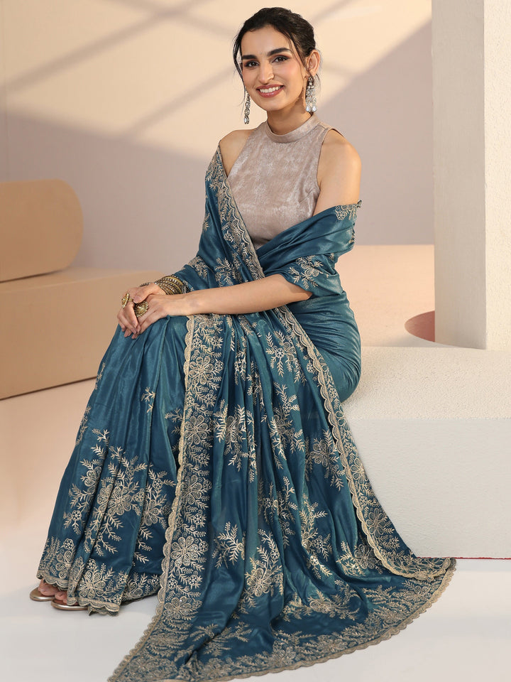 Libas Cerulean Blue Floral Embroidered Satin Saree