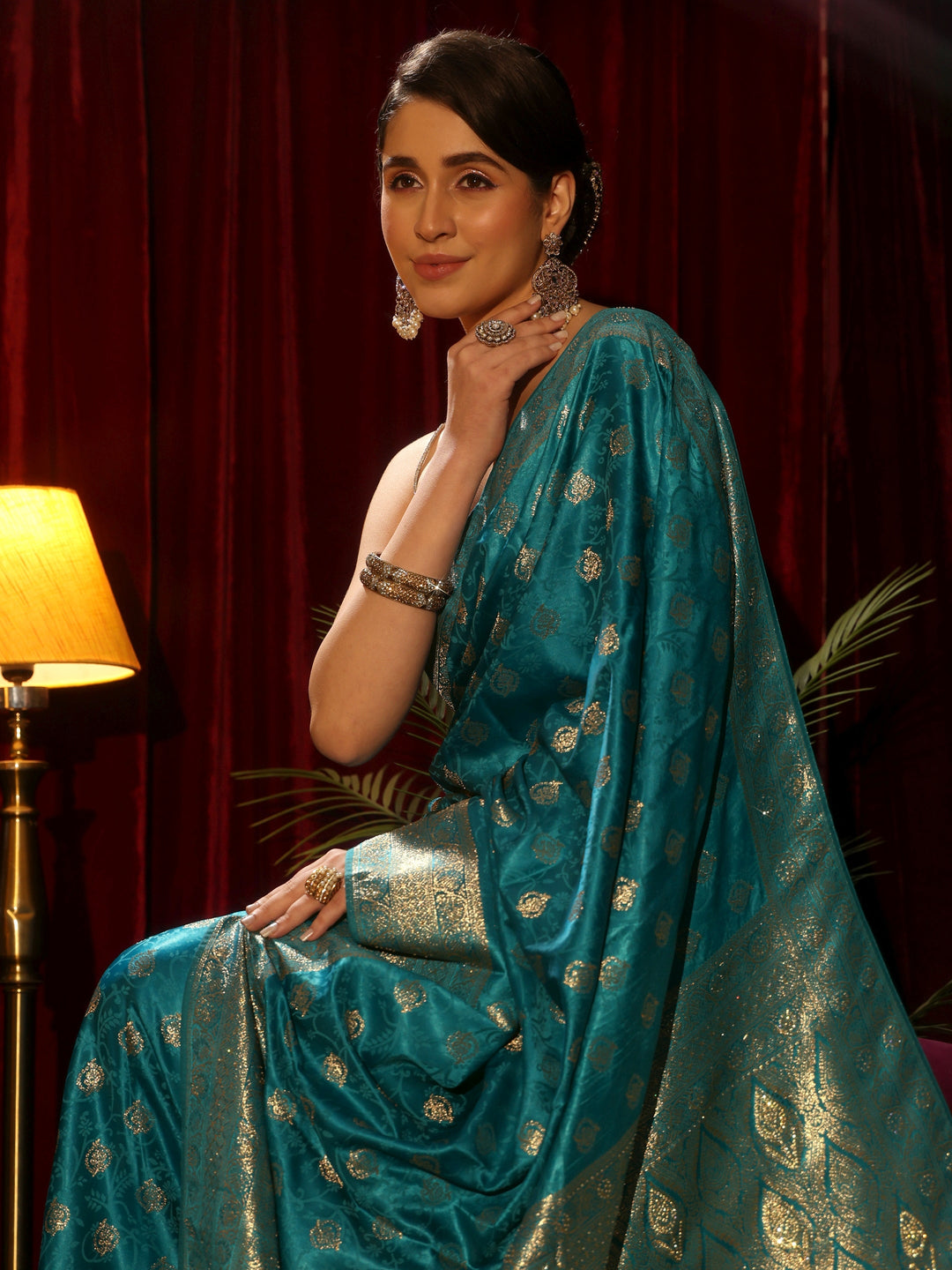 Libas Cerulean Blue Floral Woven Design Silk Blend Saree