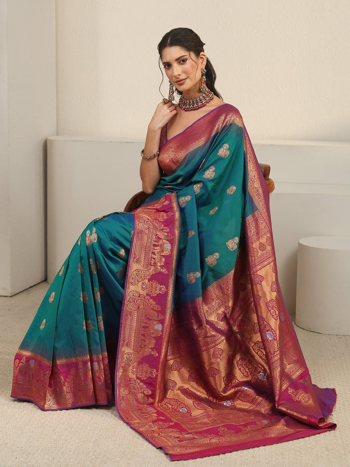 Libas Cerulean Blue and Pink Woven Design Silk Blend Banarasi Saree