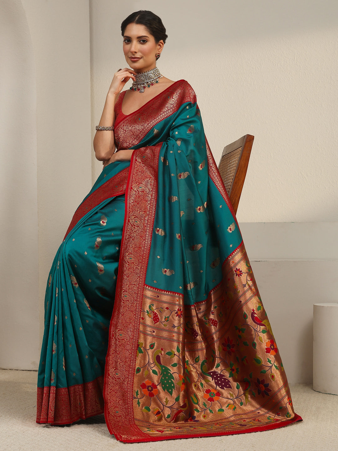 Libas Cerulean Blue and Red Silk Blend Paithani Saree