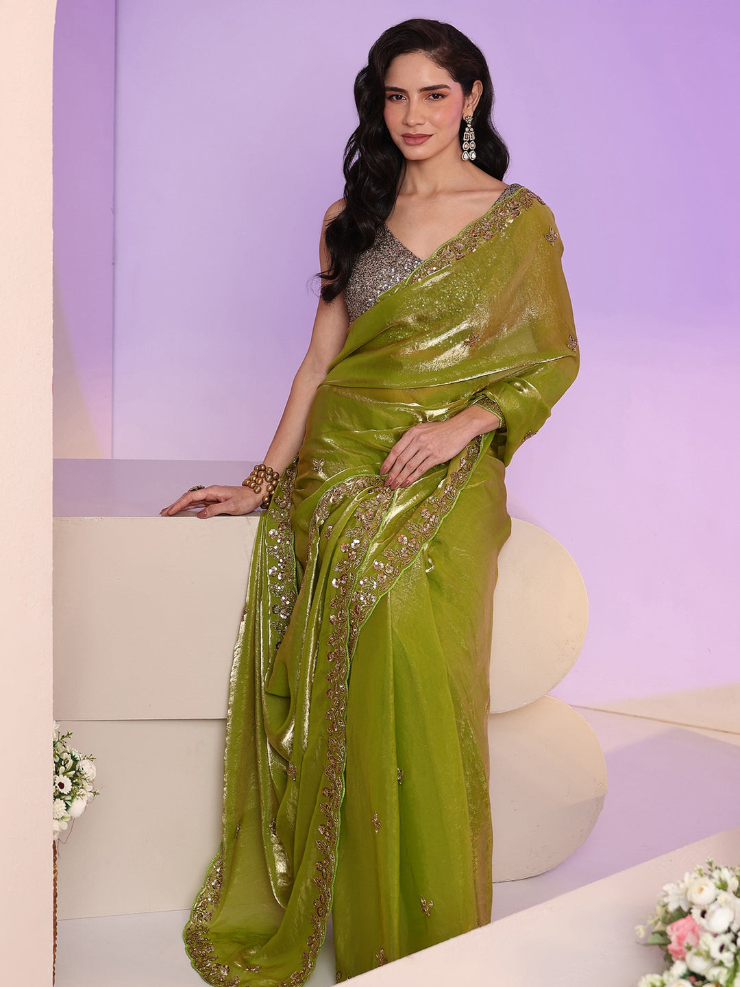 Libas Chartreuse Green Floral Embellished Tissue Saree