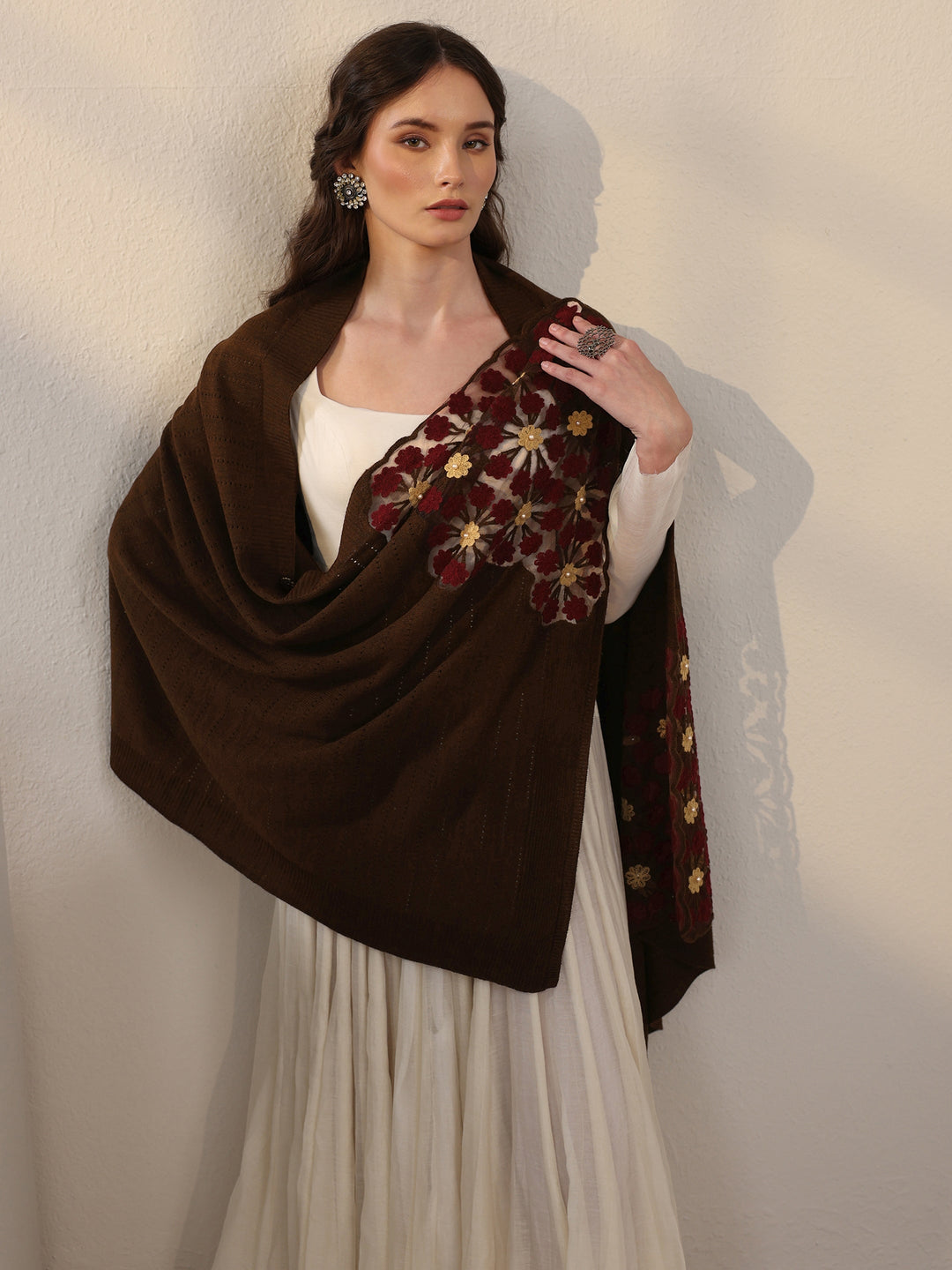 Libas Chocolate Brown Floral Embroidered Acrylic Wrap Shawl