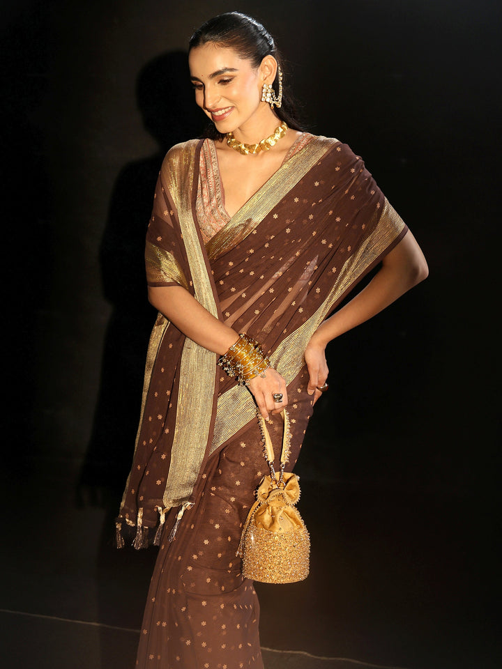 Libas Chocolate Brown Floral Printed Chiffon Saree