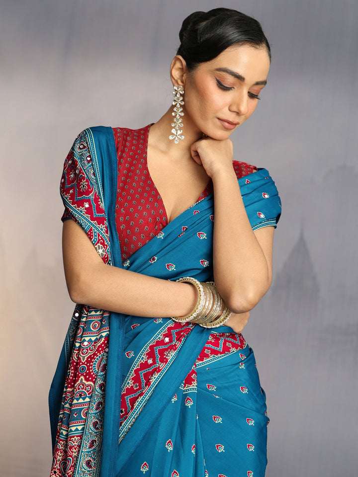 Libas Cobalt Blue Ajrakh Print Mirror Work Satin Saree