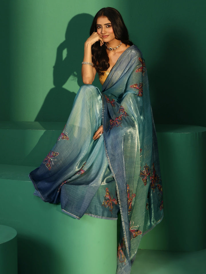 Libas Cobalt Blue Butterfly Print Chiffon Saree