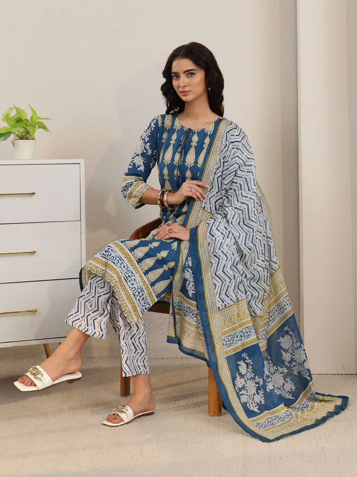 Libas Cobalt Blue Printed Cotton Straight Suit Set