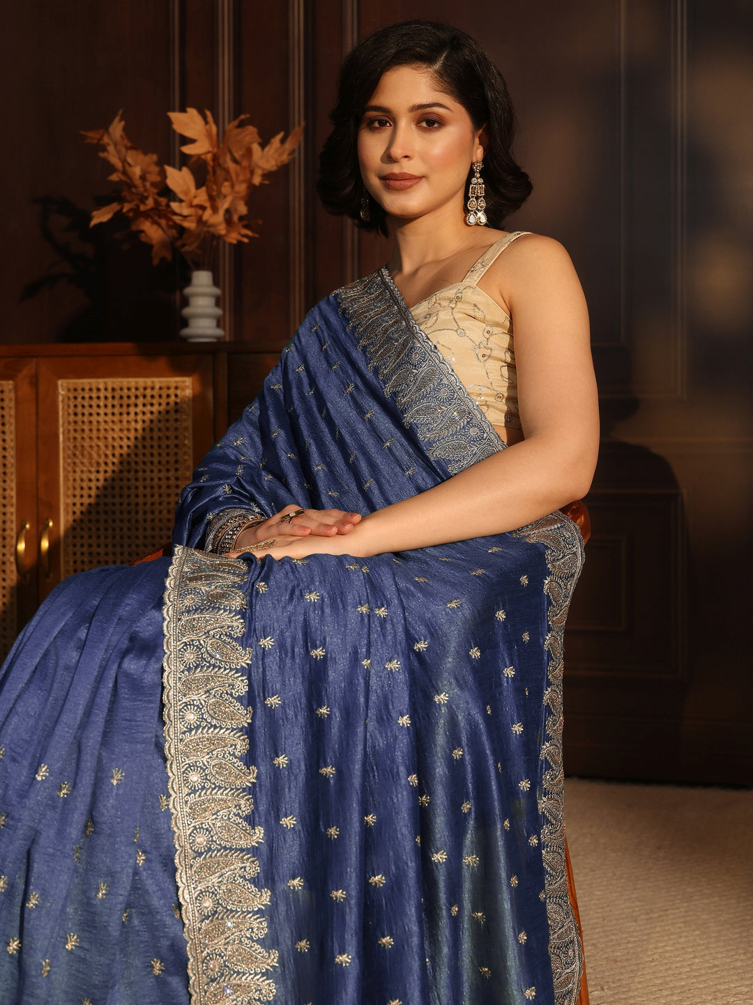 Libas Cobalt Blue Stone Work Embellished Silk Blend Saree