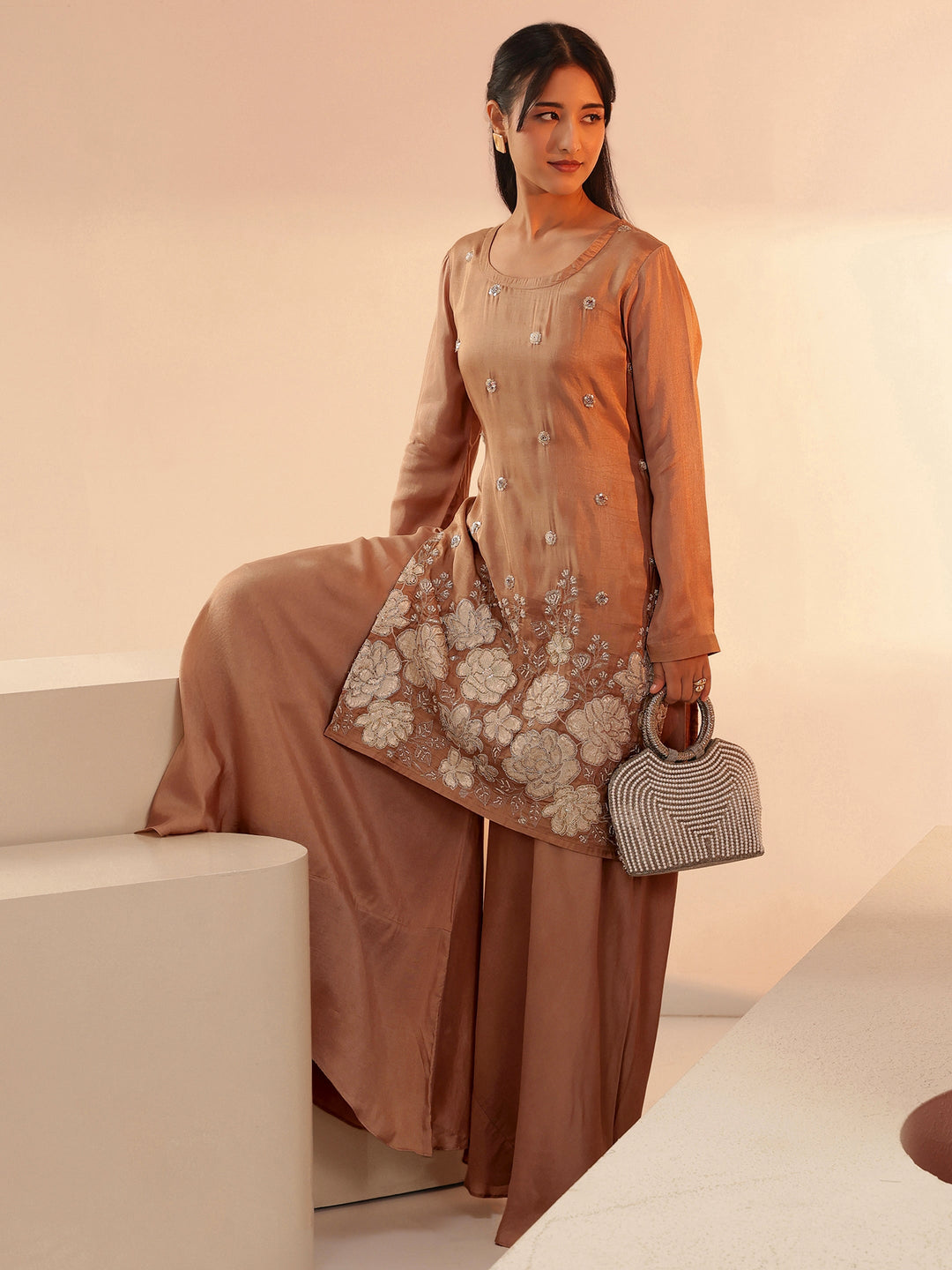 Libas Coffee Brown Floral Applique Silk Blend Straight Kurta Set