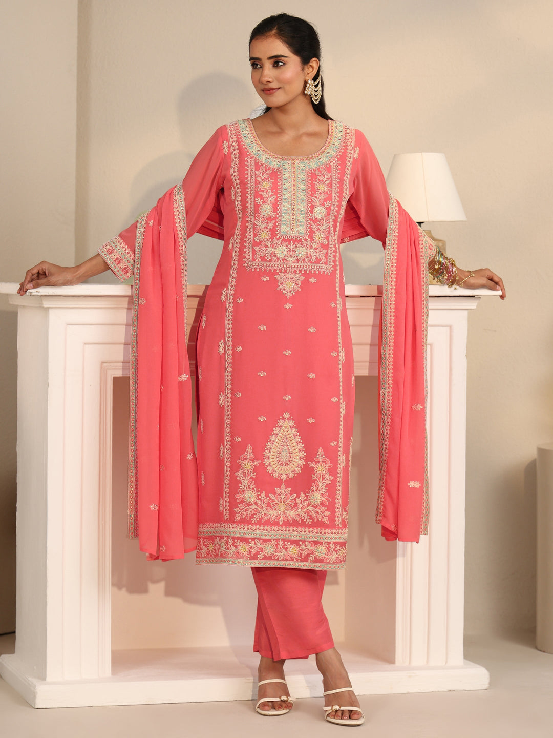 Libas Coral Floral Embroidered Georgette Straight Suit Set