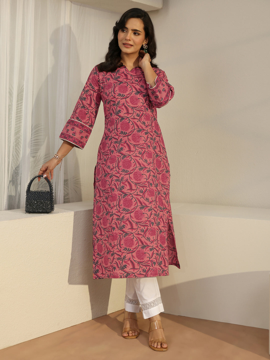 Libas Coral Floral Printed Cotton Straight Kurta
