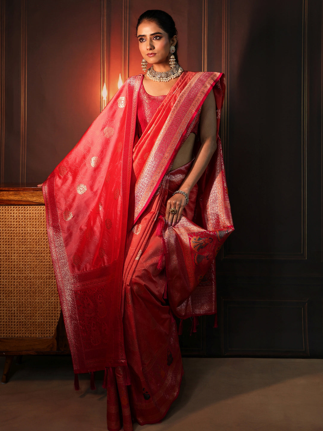 Libas Coral Pink Banarasi Silk Blend Saree