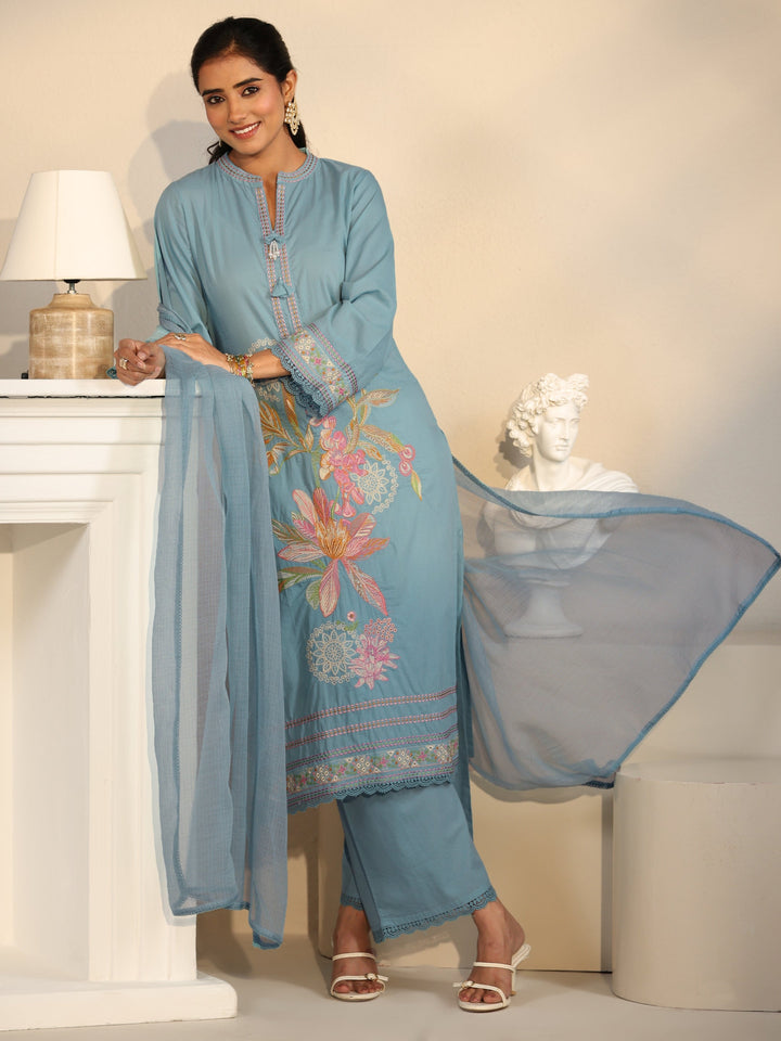 Libas Cornflower Blue Floral Embroidered Cotton Straight Suit Set