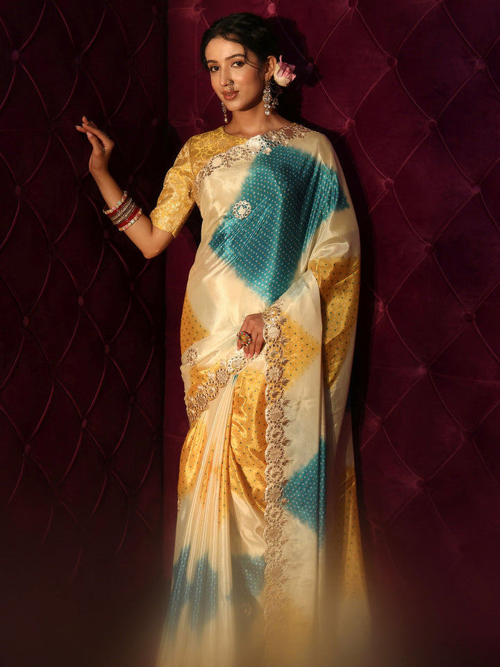 Libas Cream Bandhani Printed Satin Saree