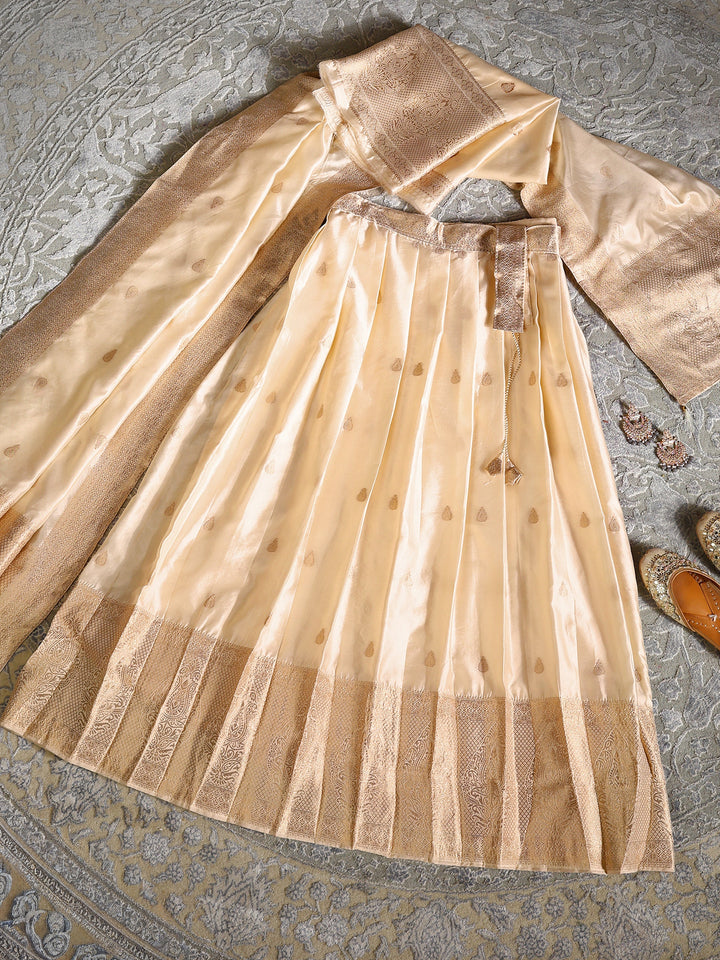 Libas Cream Brocade Unstitched Lehenga Set