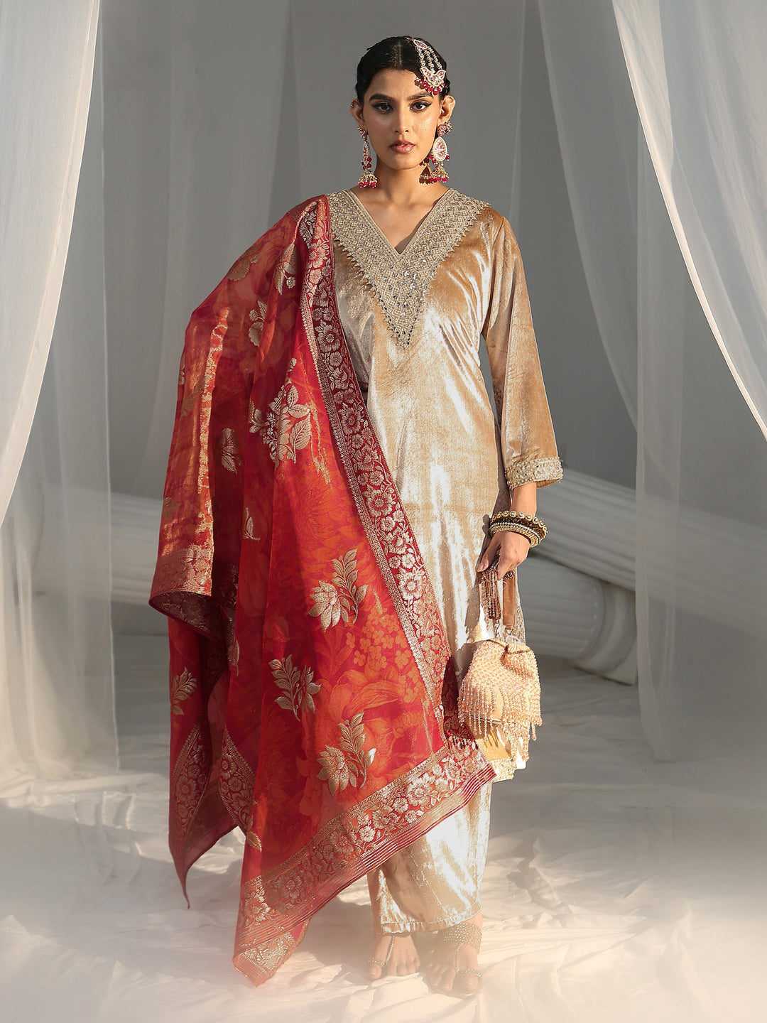 Libas Cream Embroidered Velvet Straight Suit Set