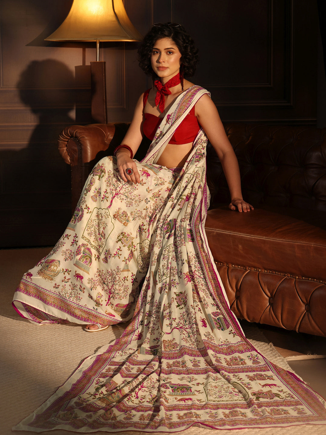 Libas Cream Ethnic Printed Georgette Saree